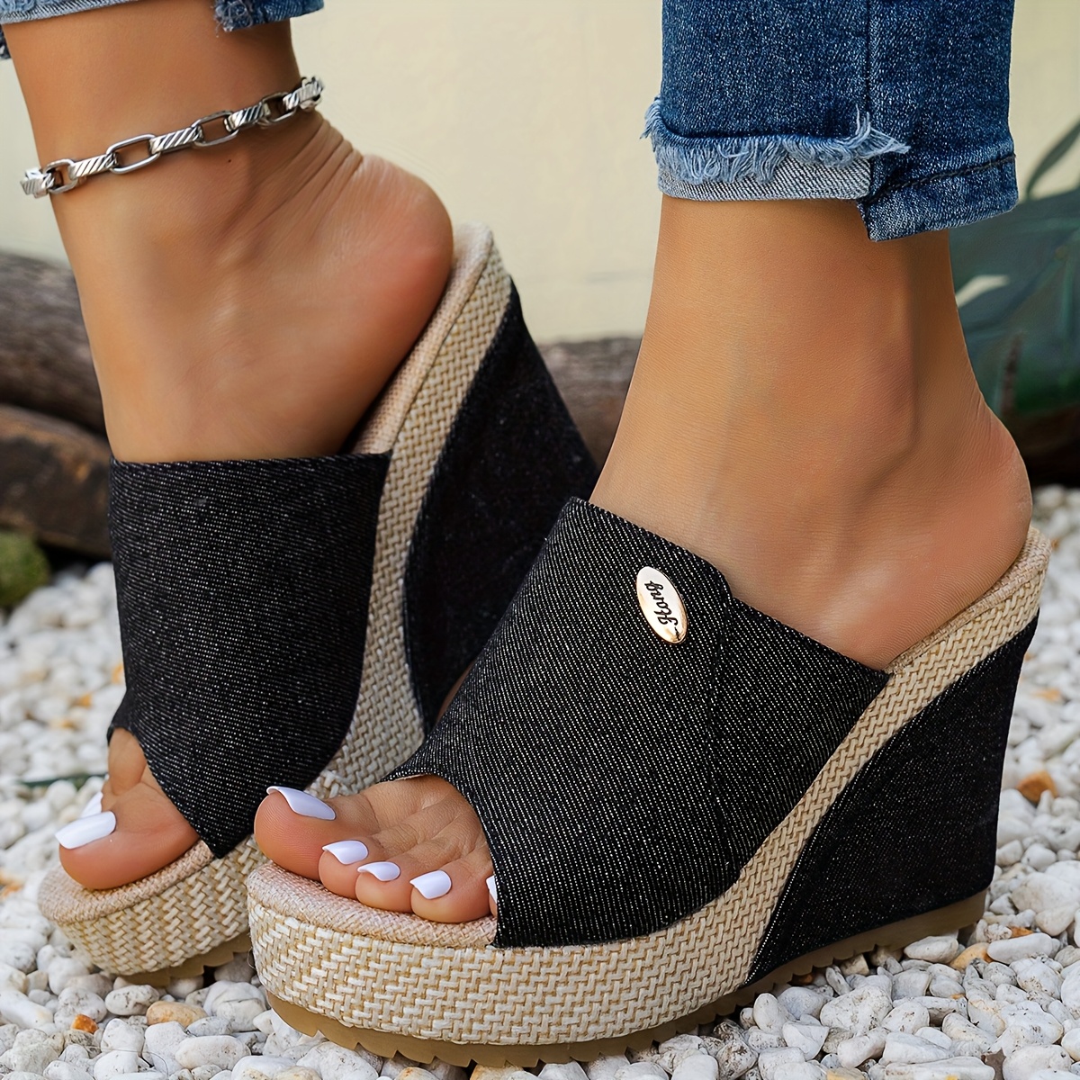 Women'S Black Open Toe Slip-On Wedge Sandals - Thick Rubber Sole, Synthetic Cover Upper, Comfortable Fabric Inner Lining, Casual Summer Footwear for Casual Attire, Strappy Sandal