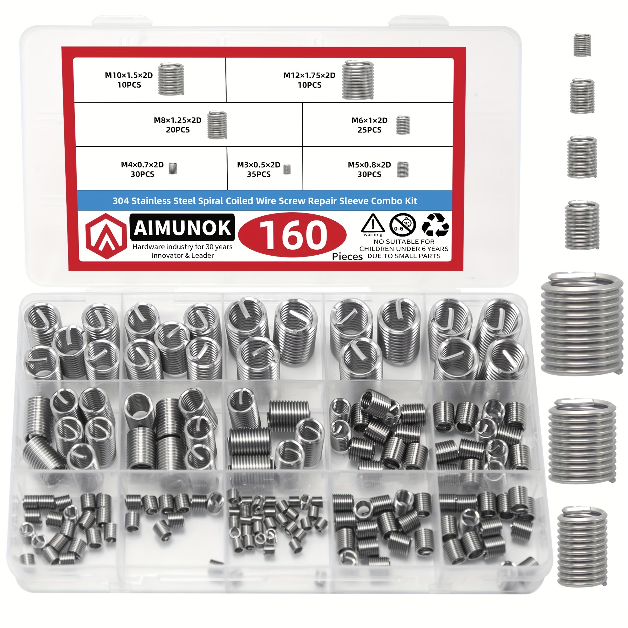 

160pcs Wire Inserts Screws Sleeve Assortment Kit, 304 Stainless Steel Metric M3 M4 M5 M6 M8 M10 M12 Wire Thread Inserts Helical Type Coiled Wire Screw Repair Sleeve For Automotive Repairs