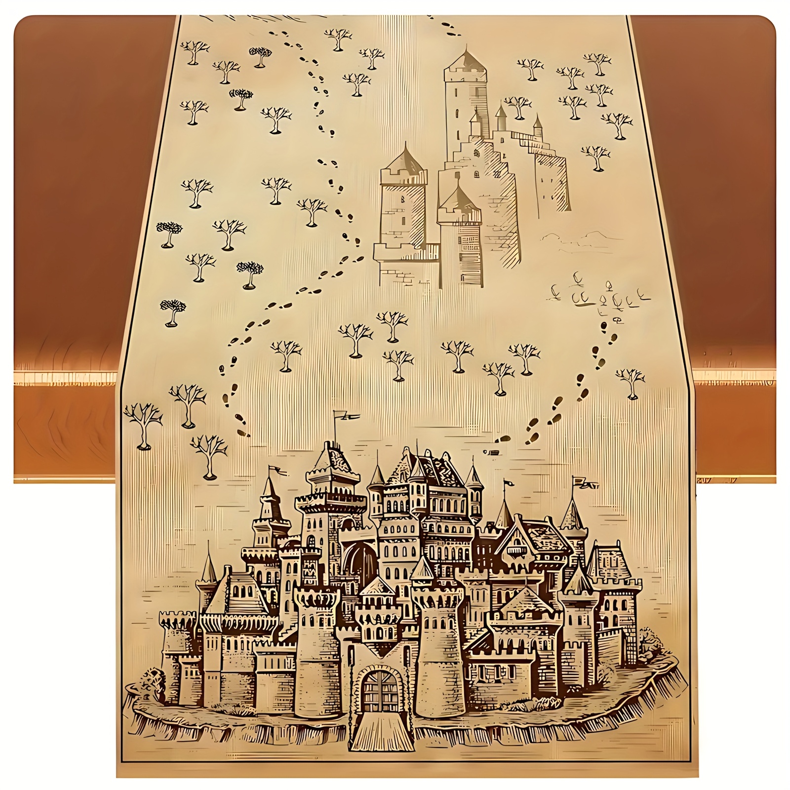 TEMU Nappe Magique avec un Design Fantaisie de Châteaux, d'Arbres et de Routes, en Tissu Polyester Durable, Parfaite pour les Fêtes d'Anniversaire et