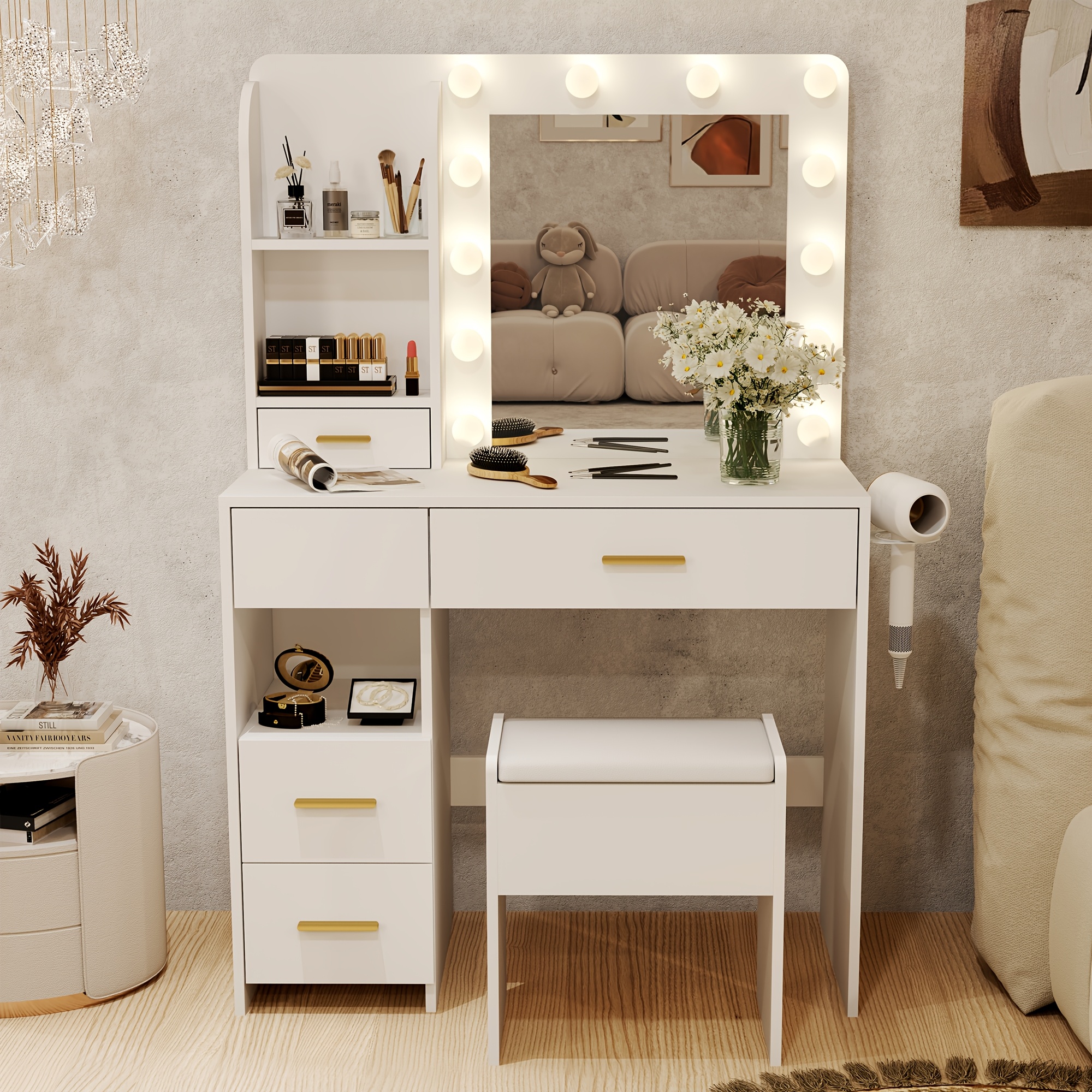 chinese dress ladies Vanity Desk with Flip Top Mirror and Lights White 3 in 1 Night Stand Make  up Vanities Set for Women Dressing Table for Bedroom with Storage Stool main image 1