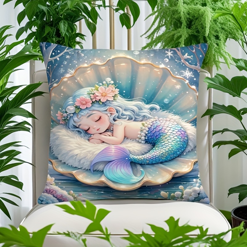TEMU 1pc Whimsical Mermaid Throw Pillow Cover, 18x18 Inch, Single-sided Print With Mermaid Design, Zipper Closure, Machine Washable Polyester, Ideal