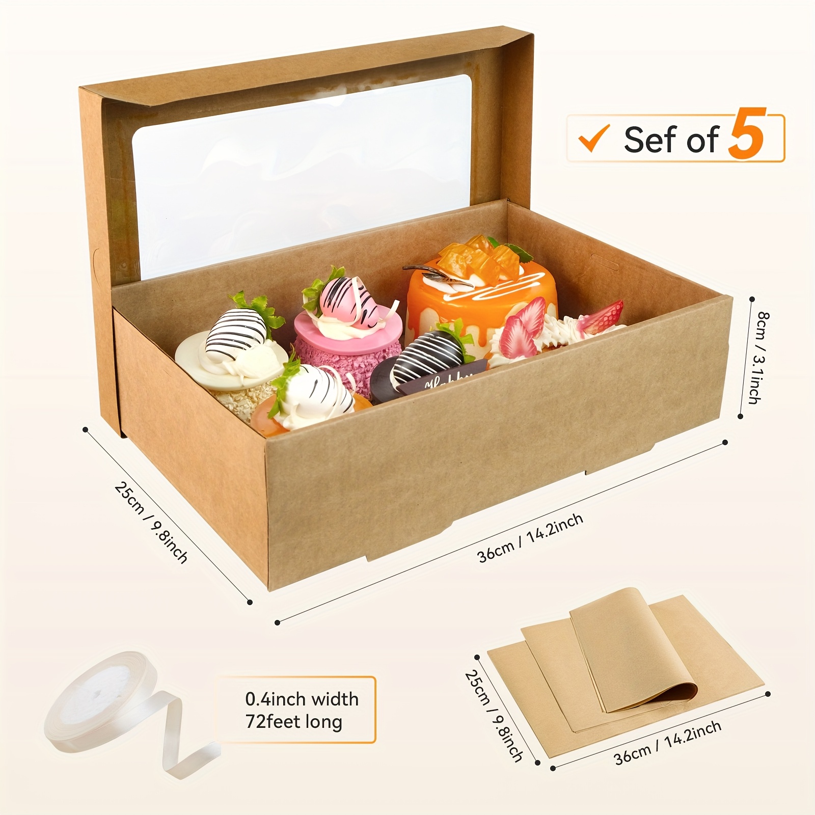 TEMU Lot de 5 Boîtes de avec Couvercle Fenêtre Transparente, Plateau Pliable en Carton Bruni pour Biscuits, Donuts, Tartes, -, Emballage Cadeau avec