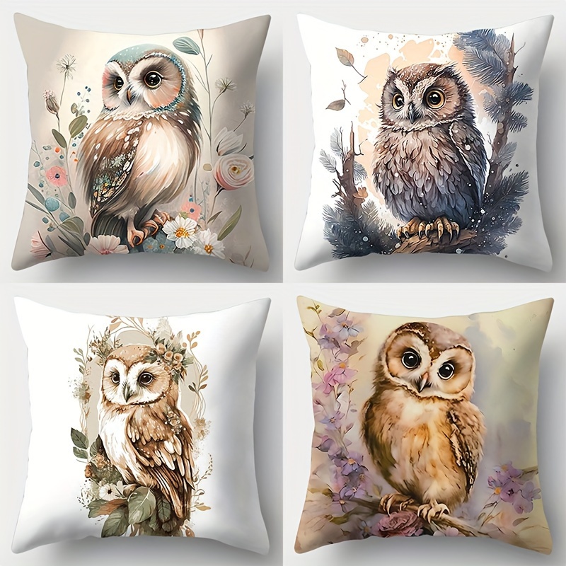

Set Of 4 Cute Animal Throw Pillow Covers - Owl & Long-eared Owl Designs, Soft Polyester, Zip Closure, Hand Washable - Perfect For Sofa & Bedroom Decor, 17.7x17.7 Inches (pillows Not Included)