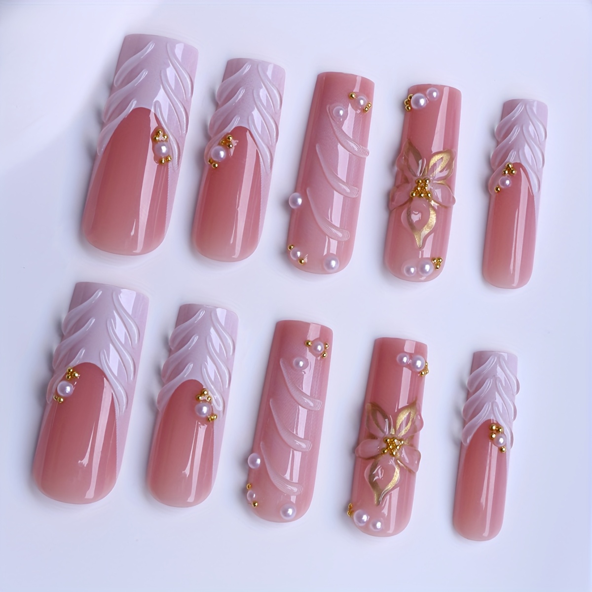Image of 24pcs Of Long Square Acrylic Press On Nails Powder White Smudge 3d 3 Dimensional Gel Suitable For Women And Nail Salon Cute French Fake Nails With Jelly Glue 1pc 1 Rubbing Strip