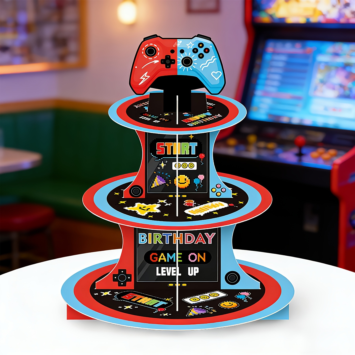 E-shop 1 Set 3-stöckiger Cupcake-Ständer im Gaming-Player-Design | Kein Lebensmittelkontakt, "" Muster, Geburtstagsdeko für Zuhause, Partyzubehör für