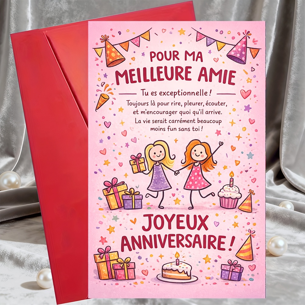 TEMU 1 Carte de vœux + 1 Enveloppe - Carte d'anniversaire pour meilleure en français Joyeux Anniversaire - Joli motif rose avec cadeaux et gâteau -