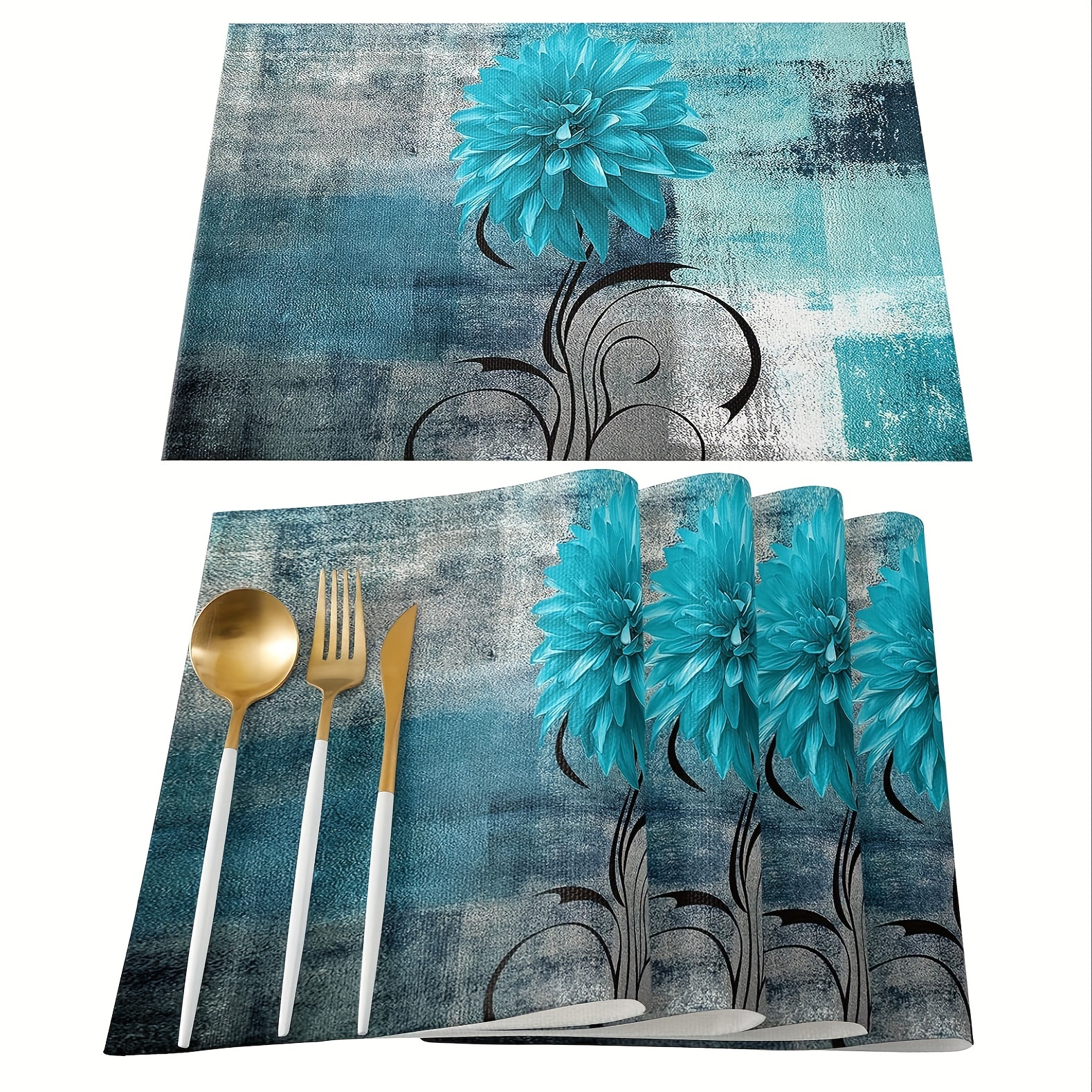 

4pcs Polyester Placemats Set, Aqua Dahlia Pinnata Flower Design, Modern Art Abstract Teal Table Mats, Washable Dining Decor, Fade-resistant, For Kitchen, Party, Wedding