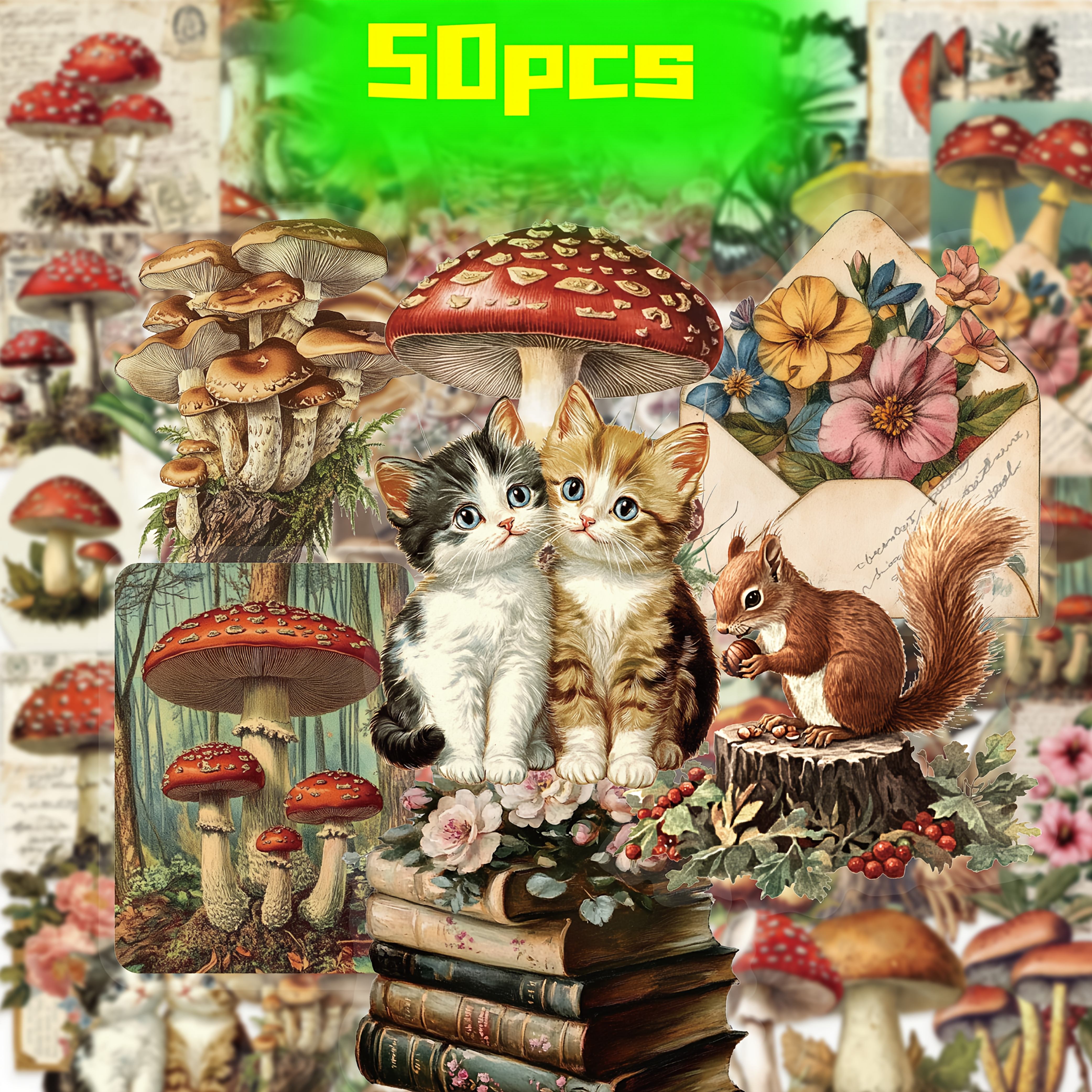 Image of 50 Vintage Jungle Animal And Mushroom Stickers For Decorating Luggage, Phone Cases, Notebooks, Planners, Gifts, Gift Boxes, Envelopes, And For Use As Learning Rewards.