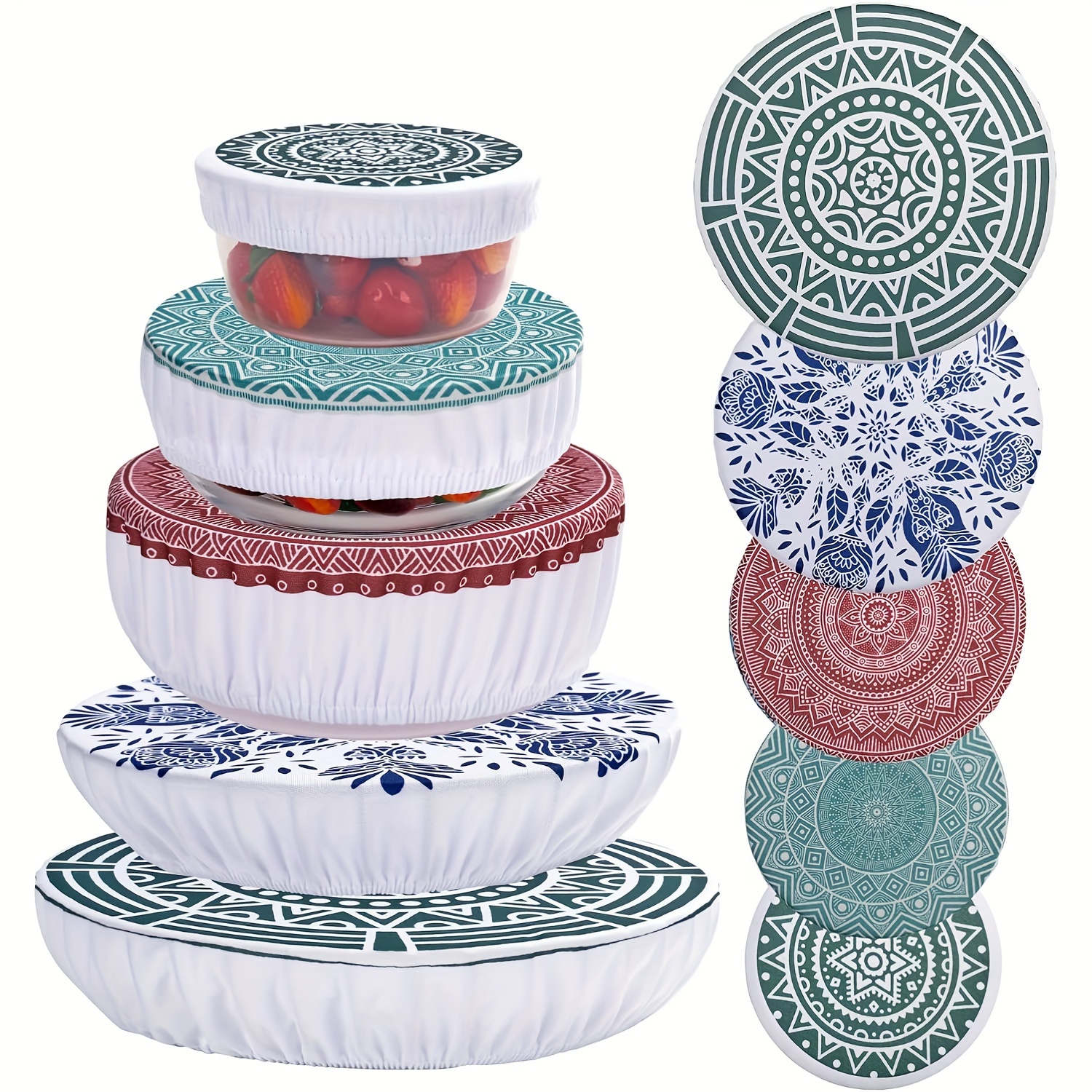 5pcs Reusable Bowl Covers In 5 Sizes Stretch Cloth Fabric Bowl Covers Elastic Food Storage Covers Dish Cover Kitchen Storage Containers Lids Food, Fruits, Leftovers