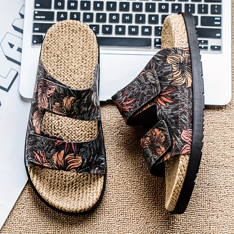 mens slip on sandals tropical floral     dry pu upper cushioned eva insole non slip pvc sole for pool vacation casual outdoors slip resistant footwear brown   blue   white lightweight summer footwear for men poolside footwear stylish   durable trivet   slides trendy slides breathable slides   Product details 3