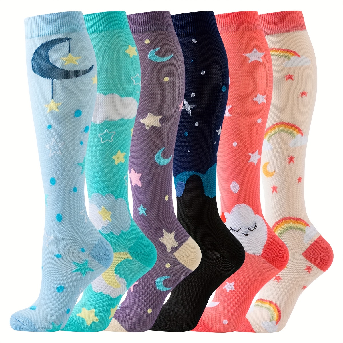 TEMU 6 Pairs Moon And Star Compression Socks Women Men Breathable Knee High Compression Socks Women Sports Nurse Compression Socks For Running,