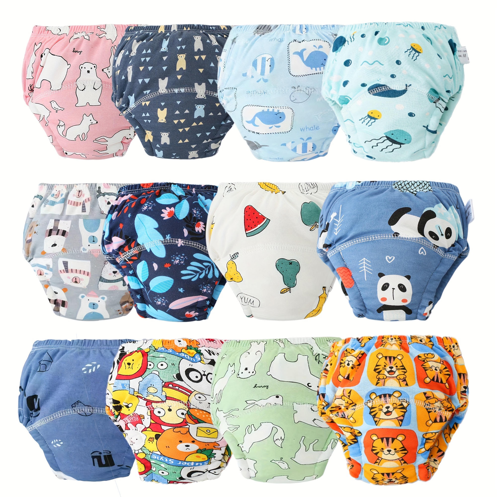 TEMU 12pcs Reusable Training Diapers - Washable, Soft Knit Fabric - & Potty Training - Cute Cartoon Designs