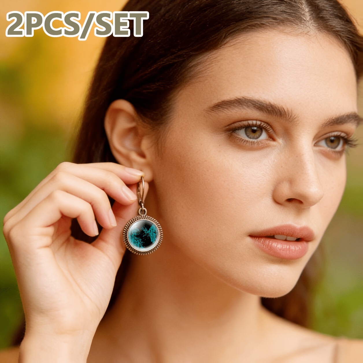 2pc Cyan Classic Pendant Earrings Set, Ink Wash Design
