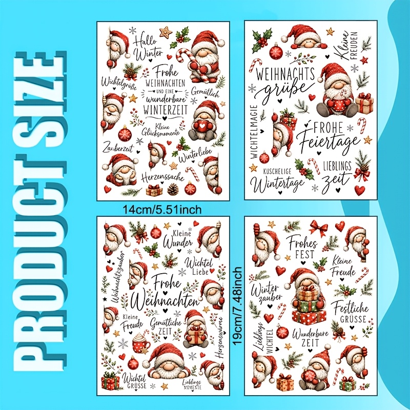 TEMU 4er-Set Vintage Weihnachts-Gartenzwerge UV-Transfer, verschiedene Posen mit Kiefernäpfeln, Schneeflocken, Sternen und deutscher Weihnachtsgrüße,