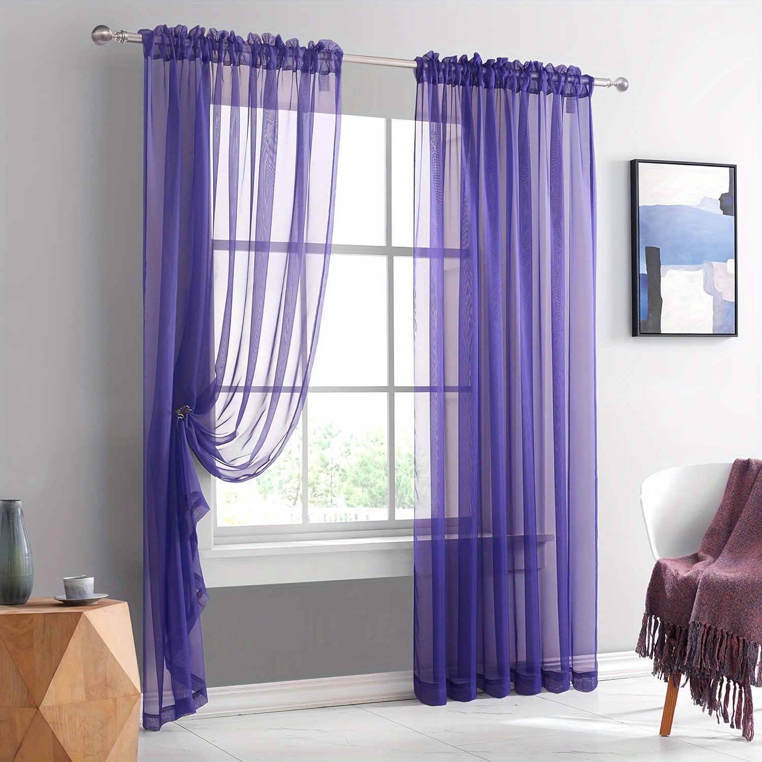 

2pcs Rod Pocket Window Curtains For Bedroom And Living Room, Lightweight Polyester, Machine Washable, Fashionable Transparent Drapes, Room Decor