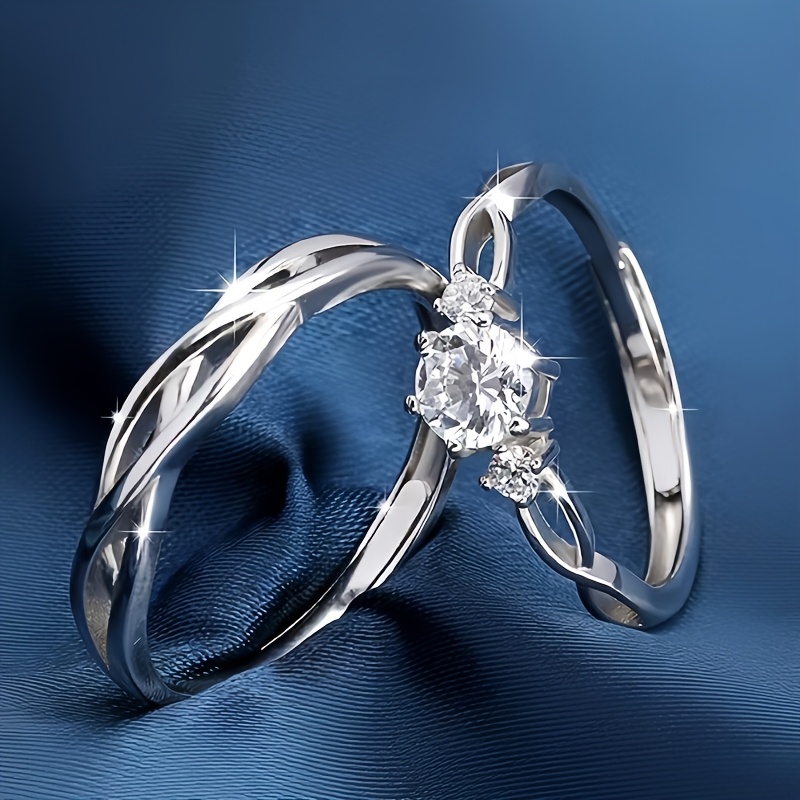 Image of Vintage 925 Sterling Silvery Adjustable Couple's Ring With Moissanite, 18k Golden Plated, Elegant For Engagement, Wedding, Anniversary - 6g