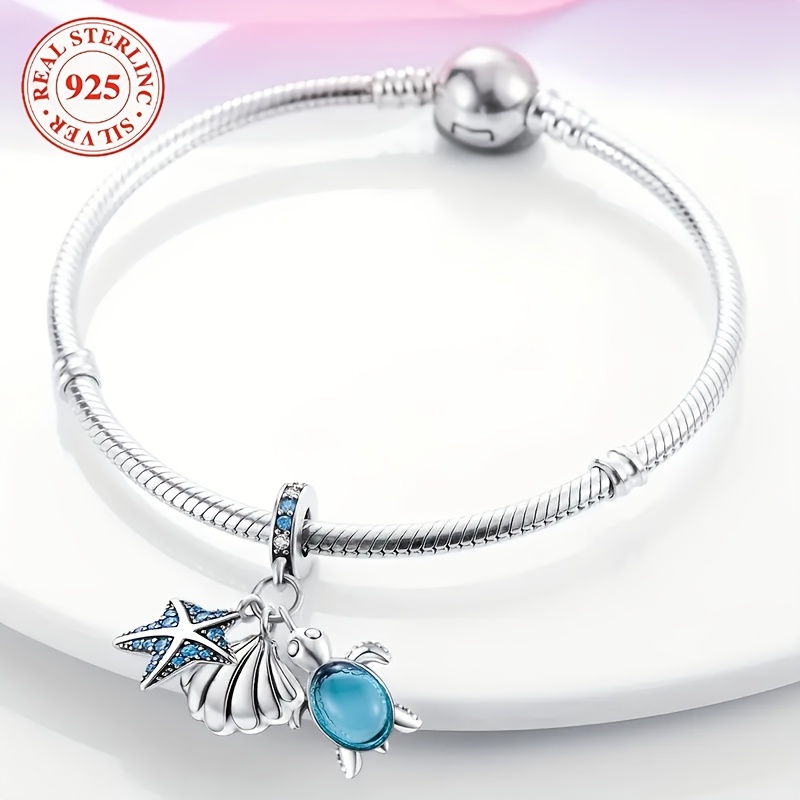 

S925 Sterling Silver Charm Bracelet With , Starfish, And Glass - Suitable For Snake Bone Bracelets For Women, Charm Beads, Inlaid Design