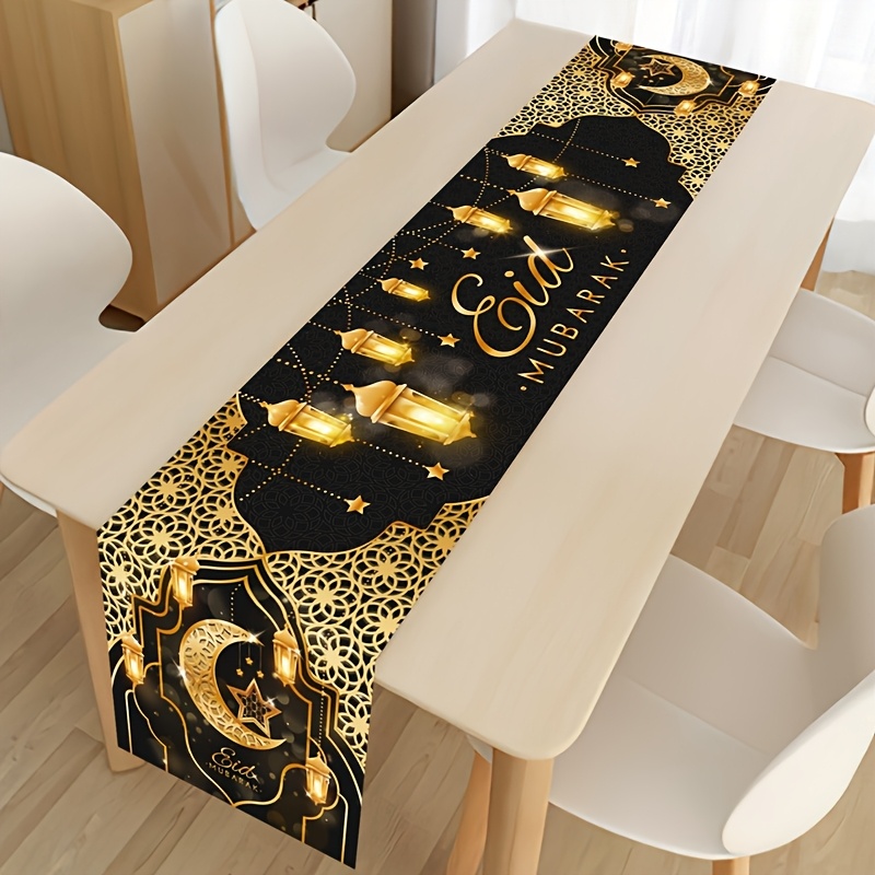 

1pc Chemin de table en polyester Eid - Décoration de Ramadan noire et dorée avec , et lanterne - Couverture de table en machine pour les célébrations de l'Aïd Al-Fitr