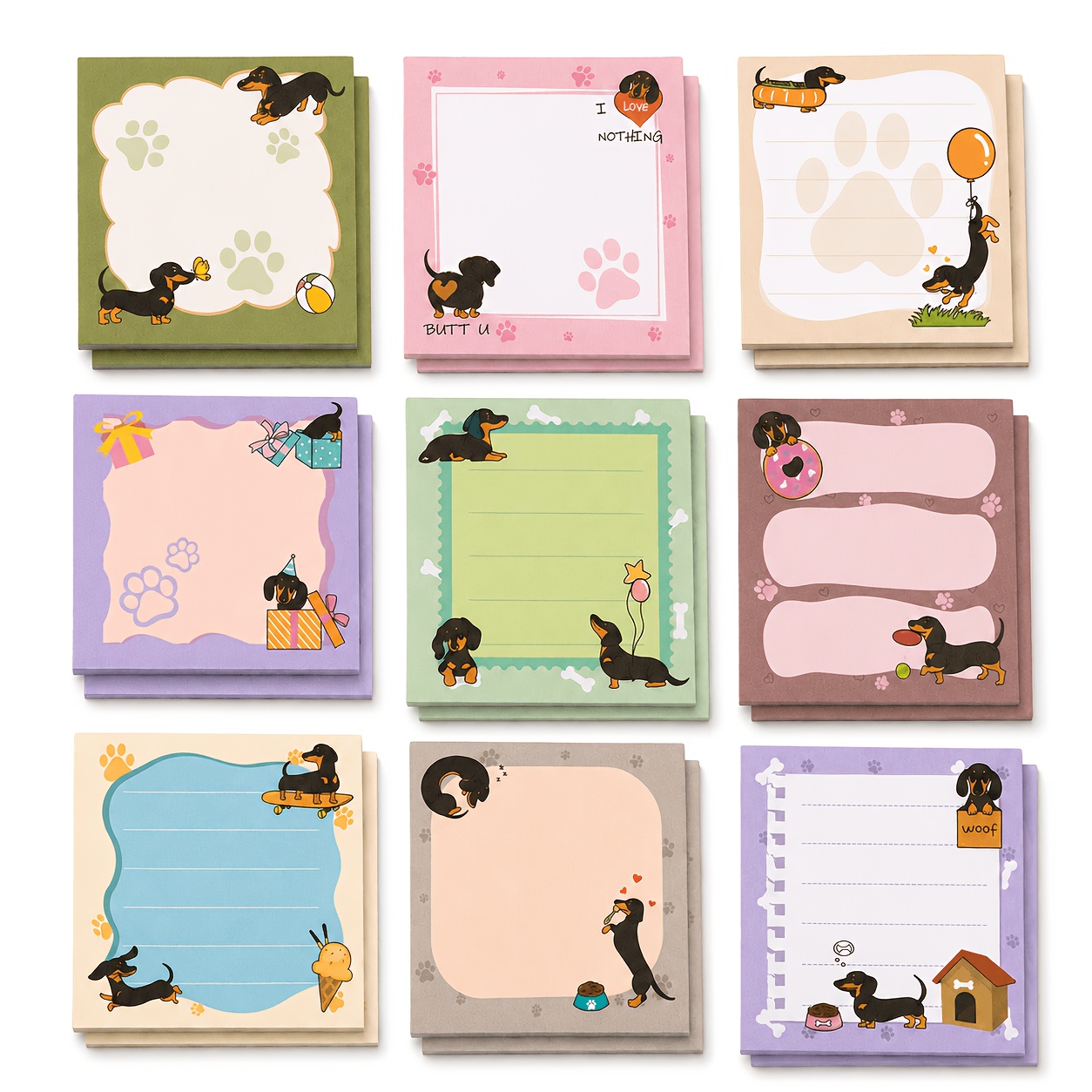 Image of 9pcs Cute Dachshund Sticky Notes - 3x3 Self-stick Notepads With 270 Sheets, 9 Unique Cartoon Dog Designs, Pastel Colors And - Perfect Gift For Dog Lovers, Office, School, Home Use