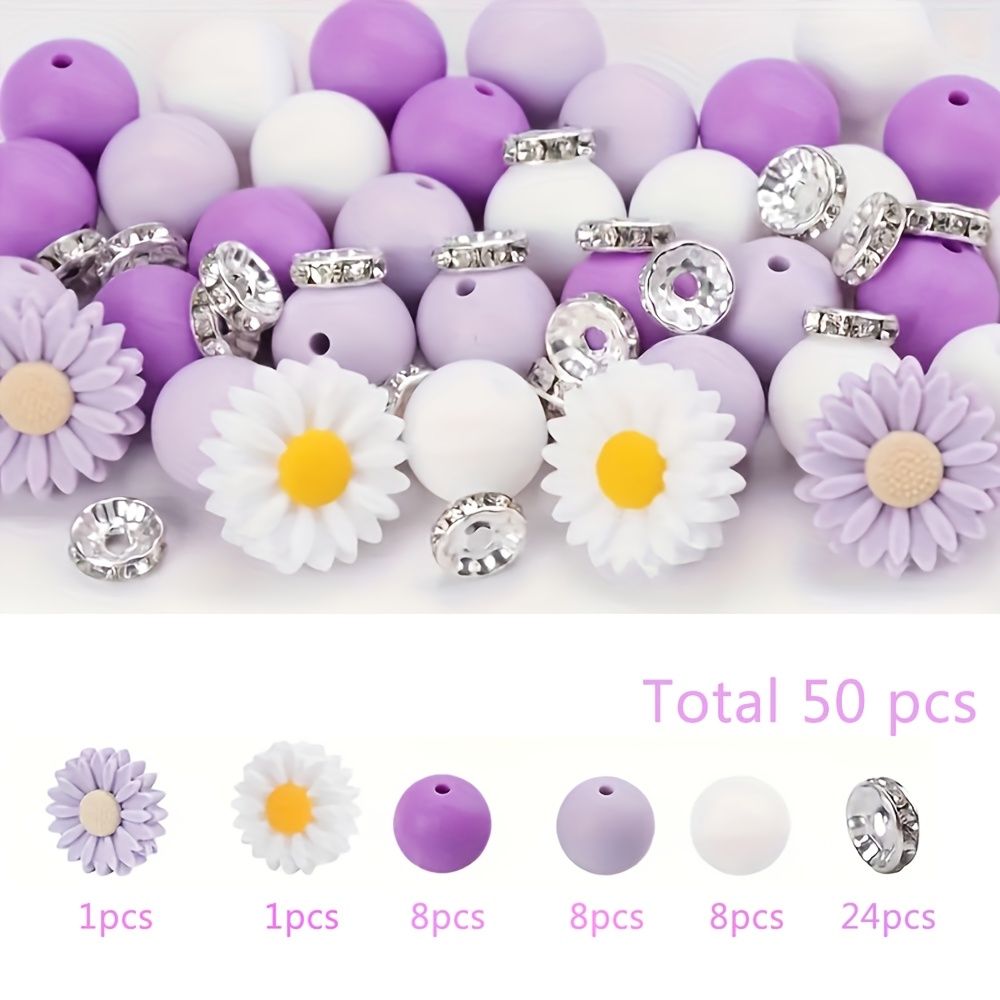 TEMU A Set Of 50 Daisy Rhinestones, Including 24pcs Of 12mm Round Silicone Beads, 2pcs Of Daisy Sunflower Silicone Beads, And 24pcs Of 10mm Sparkling