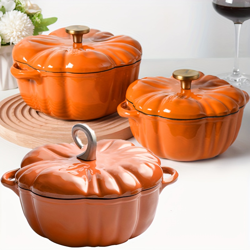 cast iron pumpkin shaped saucepan with golden lid double handles oven stovetop   compatible cookware set details 0