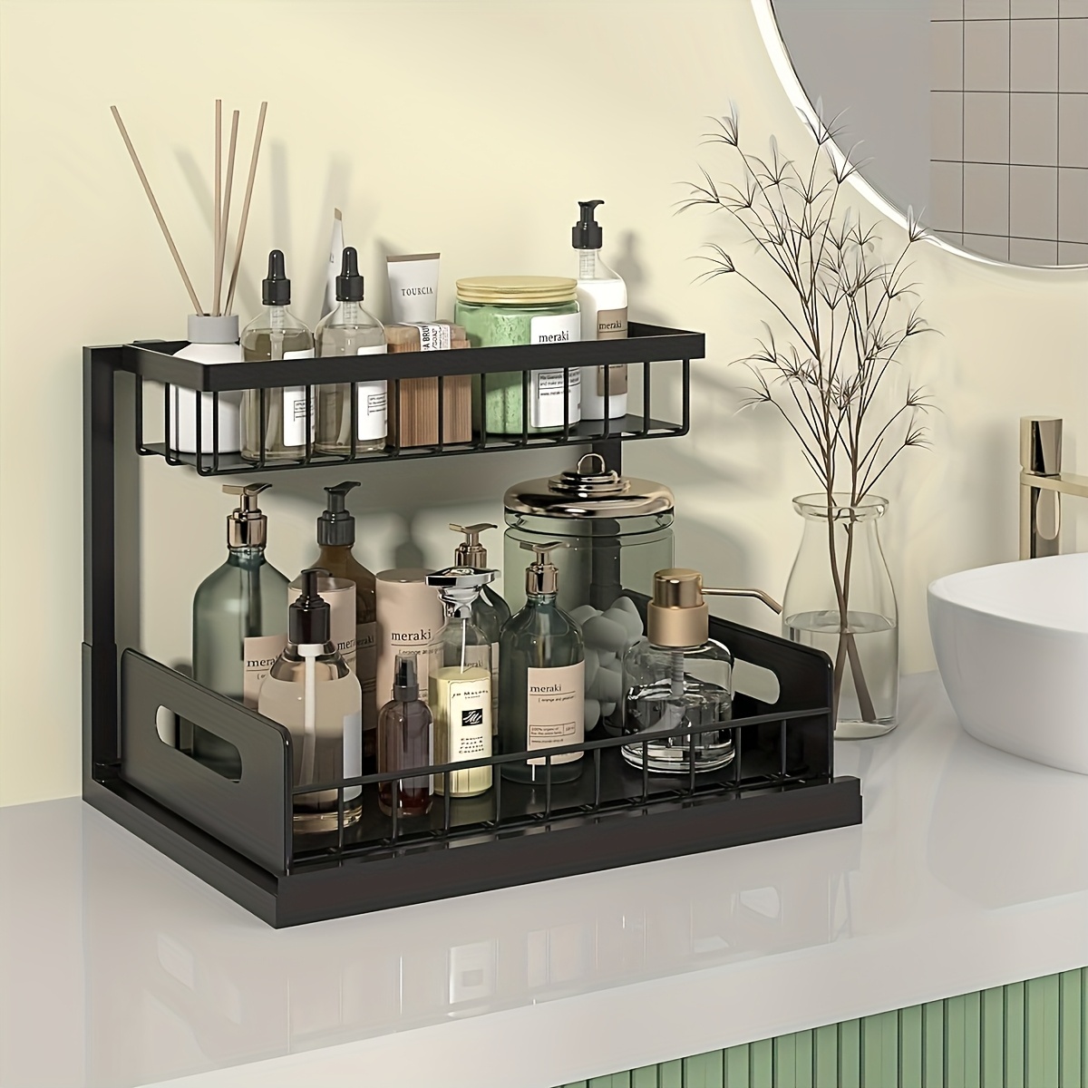 2pcs set kitchen storage rack sink sorting and storage lower sink sorting sliding pull out cabinet sorting rack metal sliding drawer for kitchen bathroom refrigerator cabinet organization rack simple and practical kitchen details 7