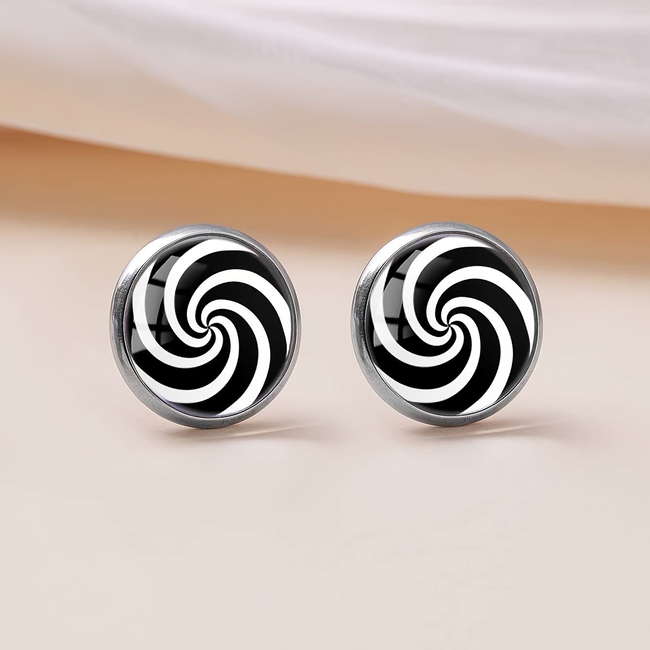 Classic Black and White Swirl Pattern Stud Earrings