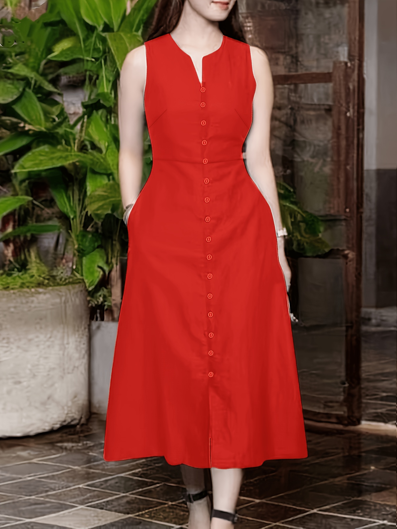 Elegant Sleeveless Dress for Women - Solid Color, V-Neck Design, Button  Details, Casual Loose Fit, Made Of, Summer Wear, with Pockets, Korean Style  Vacation Streetwear