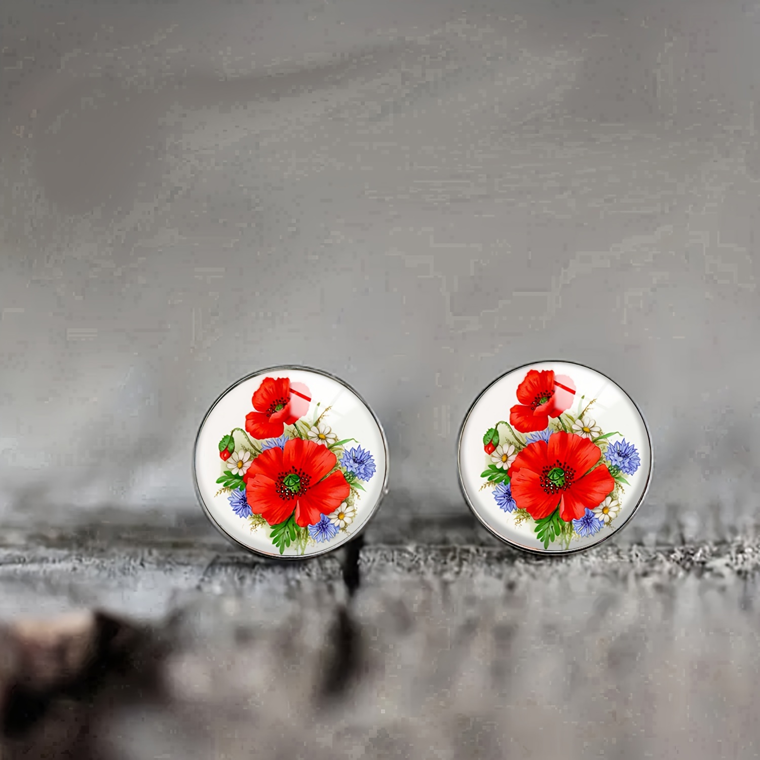 

1 Pair Of Red Flower Stainless Steel Stud Earrings, Sexy Men's Women's Fashion Hypoallergenic Convex Color Earrings