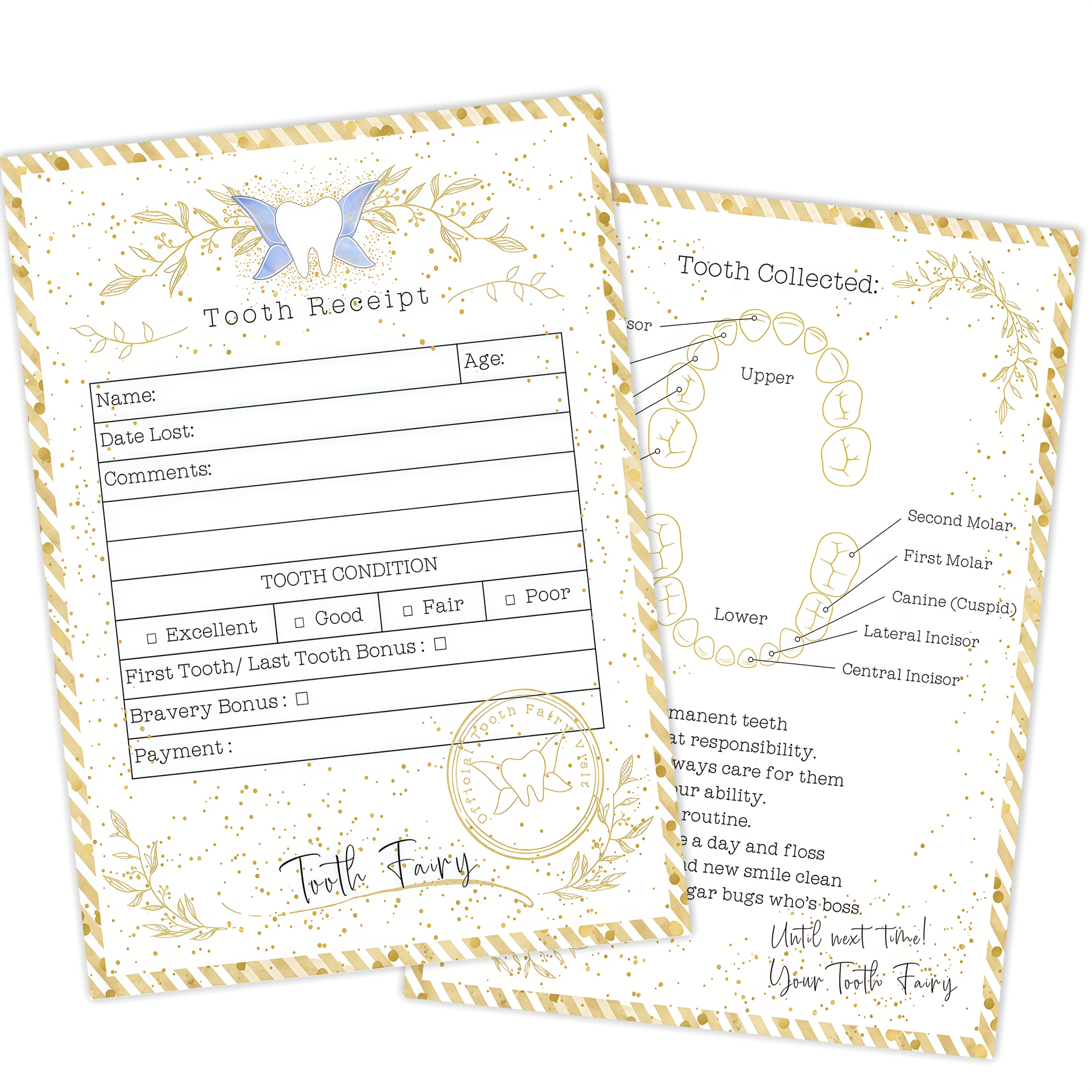 TEMU 10pcs Tooth Fairy Receipt Cards Suitable For - Light Certificate With Tooth Loss Report Card, Magical Keepsake For Milestones, Favors, Prizes