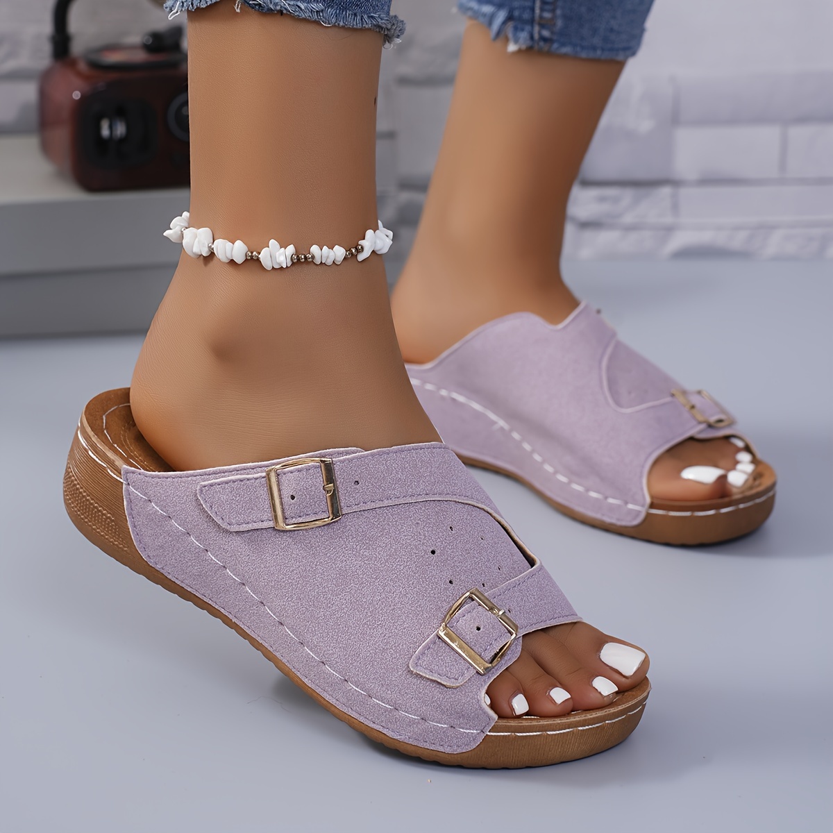 

Women's Solid Color Wedge Heeled Sandals, Casual Open Toe Platform Shoes, Comfortable Buckle Strap Design Sandals