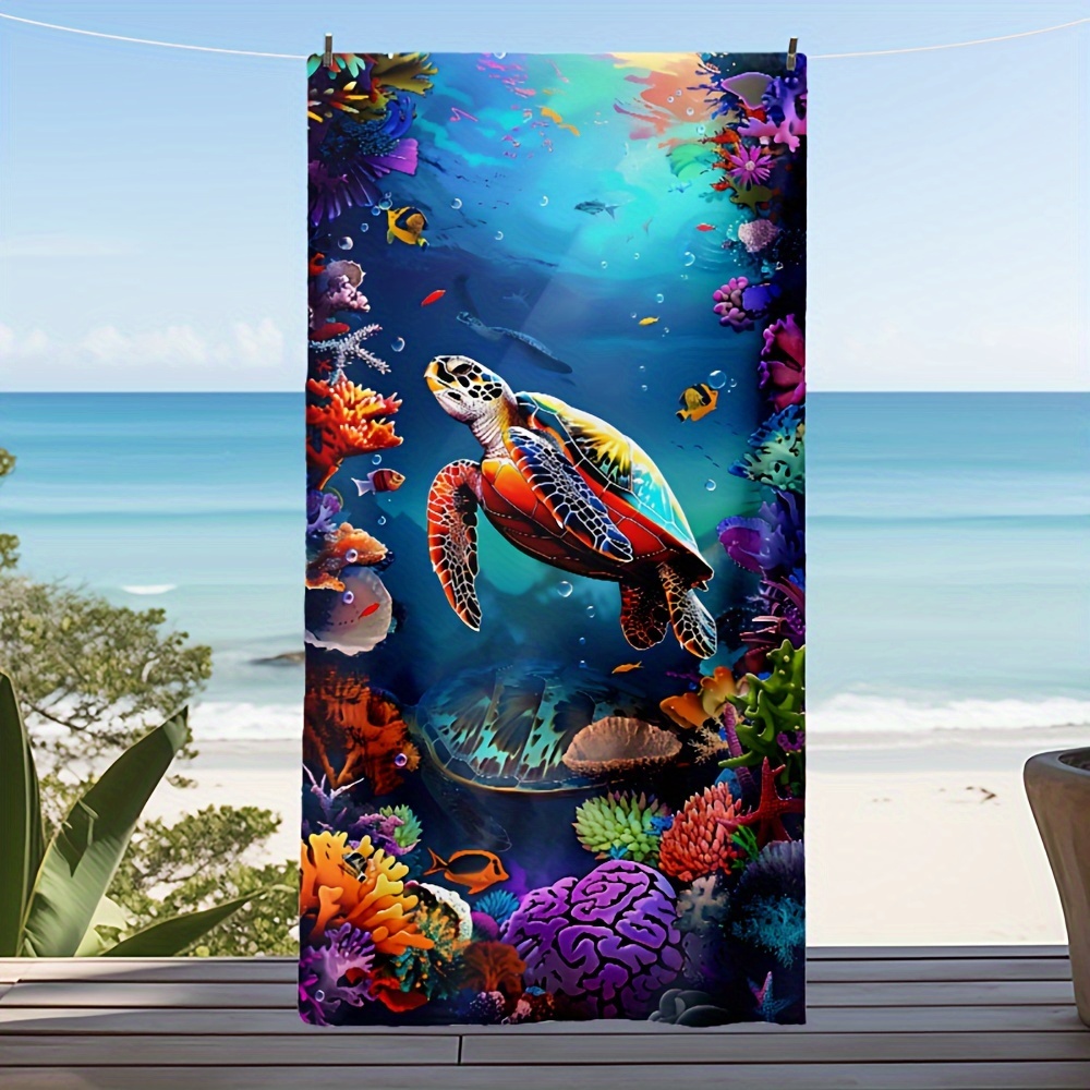 TEMU 1pc Towel - Colorful Design With Sea Turtles & Coral, Thickened Lightweight Polyester For Beach, Pool, Camping, Picnics - Durable Quick-dry Towel, Picnic Accessory