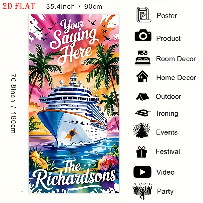 TEMU 1pc Custom Tropical Cruise Door Curtain Banner - Personalized Text/design, Large 70.8x35.4 Inch Nautical Decor With Palm Trees & Cruise Ship -