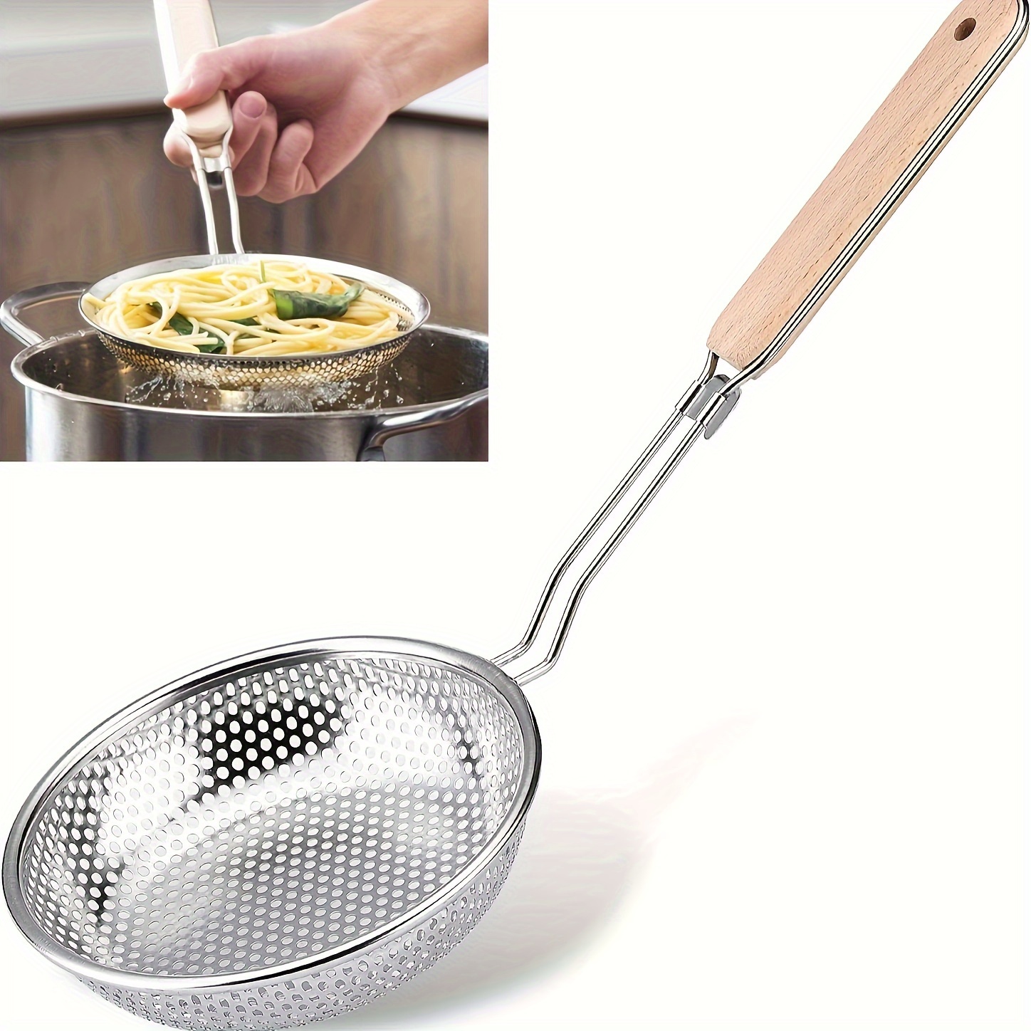 

Stainless Steel Colander With Wooden Handle - Fine Mesh Skimmer Spoon For Cooking, Food Prep & Grease Filtering - Pasta & Noodles, Ideal For Restaurants