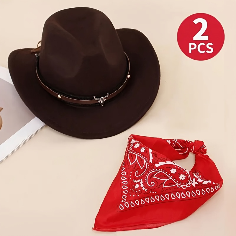 Image of 2pcs Cowboy Hat And Patterned Square Scarf Set For Or Party Decoration, With Hard Cap Drag Protection