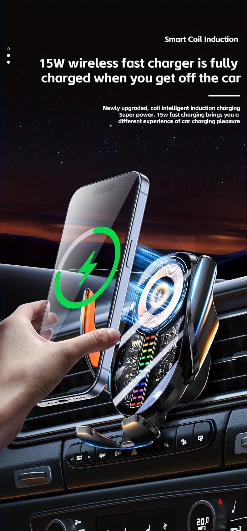 2024 smart wireless car charger stand with touch sensor 15w fast charging usb charging abs material rechargeable lithium polymer battery built in battery music ambient light effect details 1