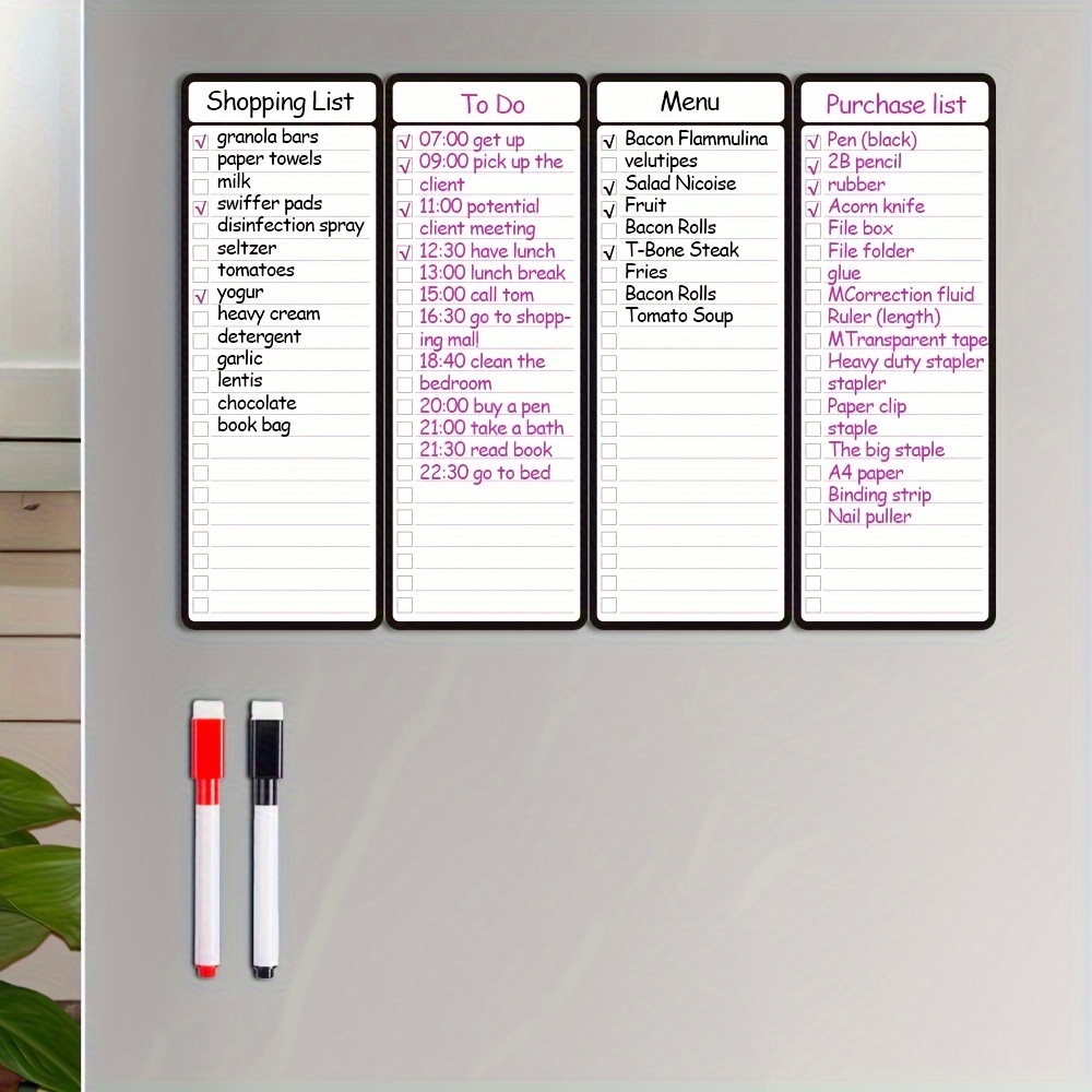 4pcs Magnetic Dry Erase List Board - 4" X 11" Multi-functional List Board For Refrigerator, With 2 Magnetic Markers