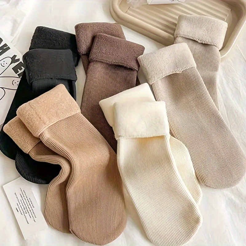 

5pcs -lined Women's Mid-calf Socks - Soft, Warm Polyester With Elasticity, Machine Washable, Elegant Solid Colors With Side Detail, Cute Socks