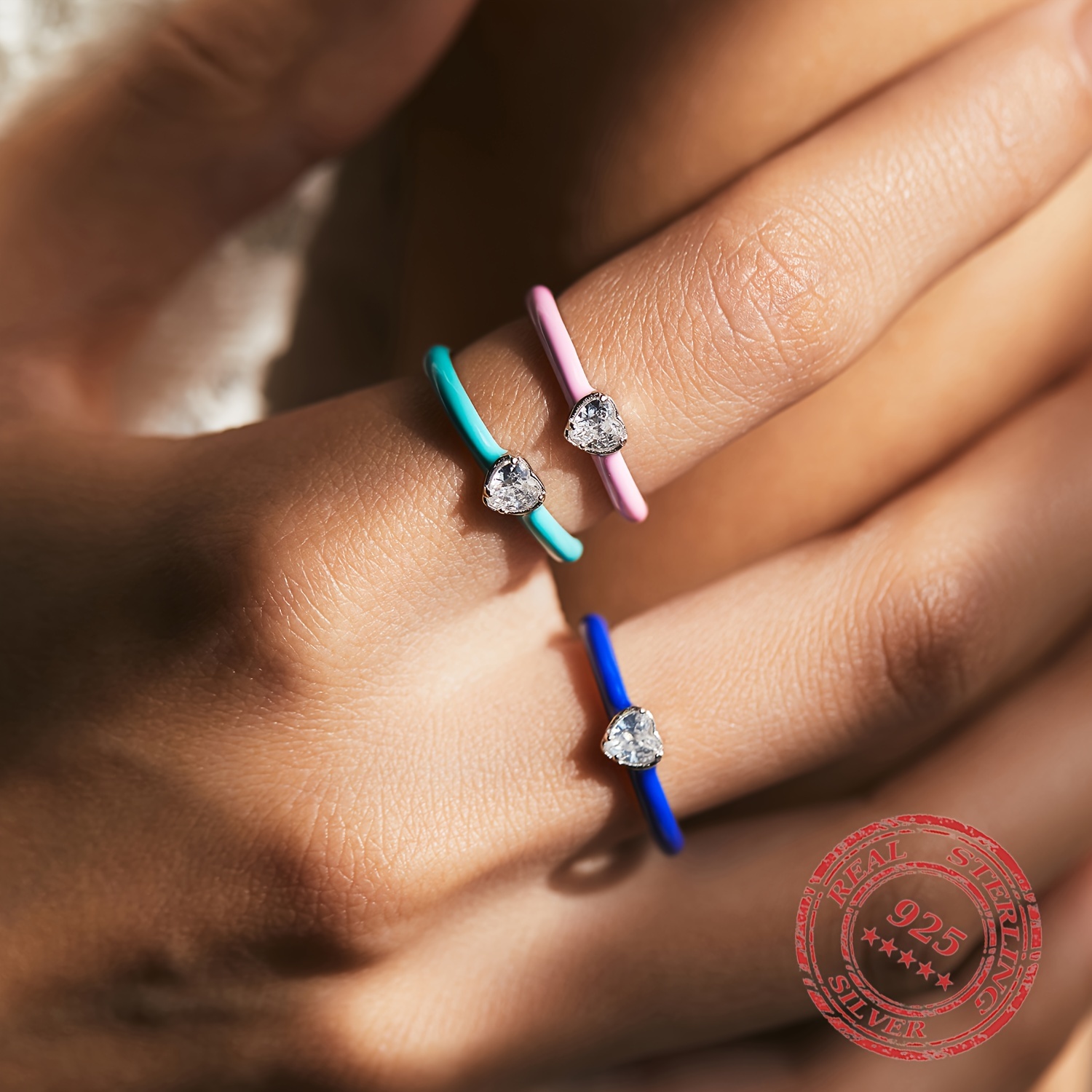 Women's 925 Sterling Silver Colorful Enamel Hearts Stackable Ring