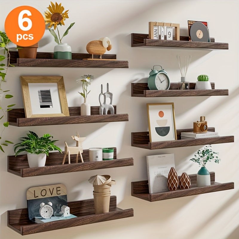 Set of 6 Floating Wall Shelves | Rustic Brown Storage Racks