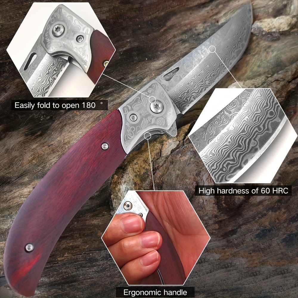 vg10 damascus steel damascus knife folding knife damascus pocket knife with clip wooden handle leather sheath foldable edc knife for outdoor survival collection shop now for limitedtime deals temu details 2