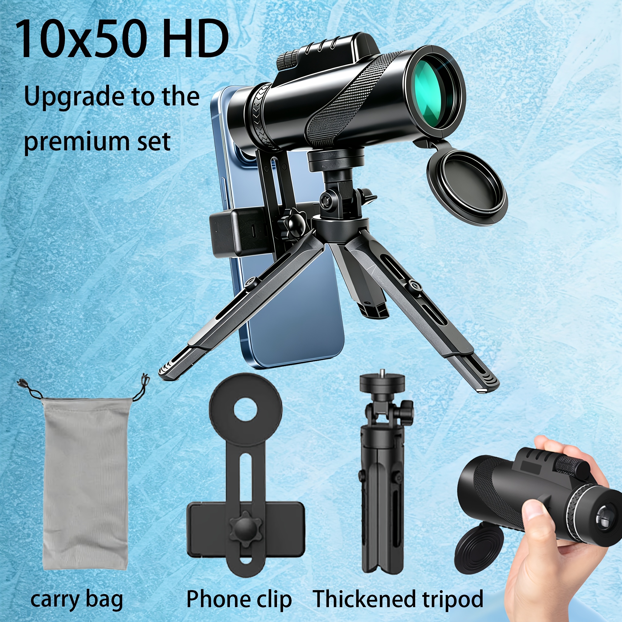 TEMU 10x50 Hd Monocular Telescope With Heavy-duty Tripod, Phone Clip & Case Suitable For Wildlife Birdwatching, Hiking, Camping, Smartphone Adapter