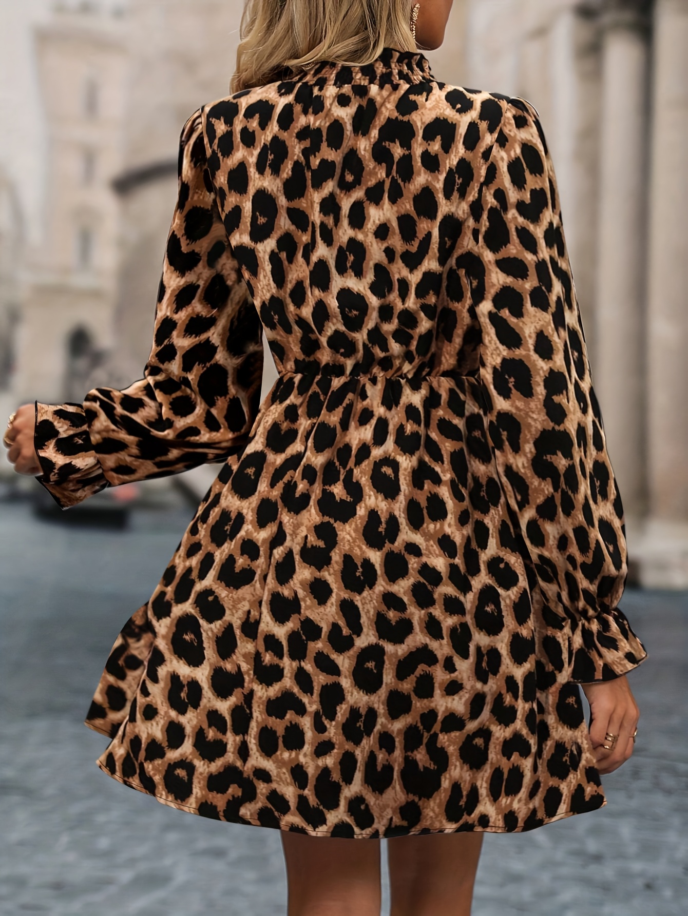 womens leopard print high neck long sleeve dress a line - Temu United Arab  Emirates