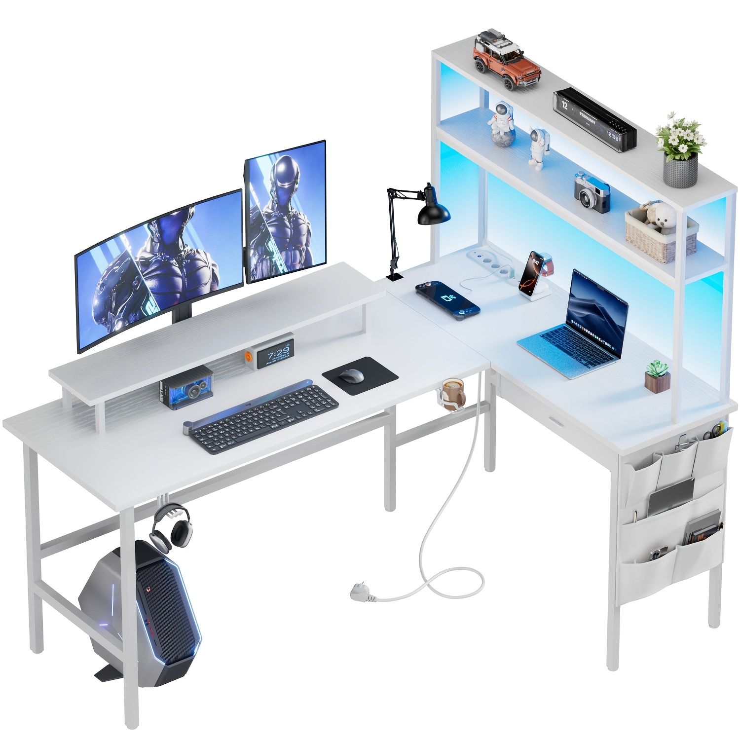 Image of Reversible Gaming With Power Outlet, L-shaped Computer Desk With Flip Corner, Ergonomic With Storage Shelves, Drawers & Bags, With Hutch Monitor Mount, Home Office