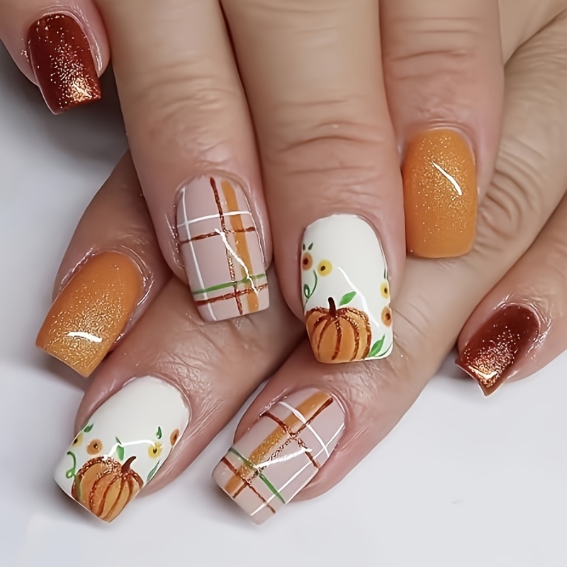 TEMU Ongles à Motif Citrouille d'Automne – Ongles Carrés d'Automne avec un Design à Poudre Glacée Présentant des à Carreaux et Tournesols, Lot de 24