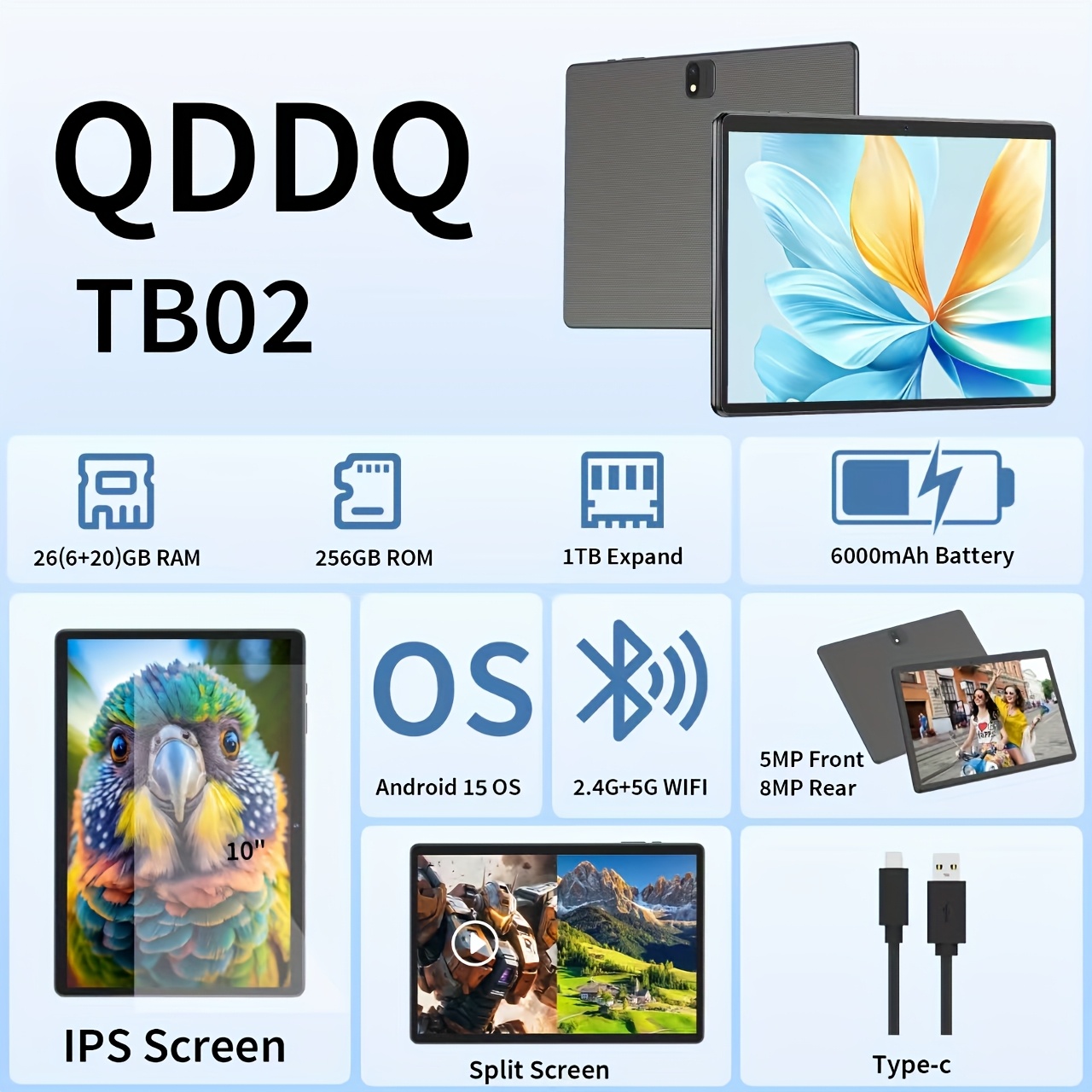 QDDQ 2025 Android 15 Tablet, met 26GB RAM (6GB + 20GB) en 256GB interne opslag, uitbreidbaar tot 1TB (SD-kaart niet inbegrepen). Deze Android Tablet wordt geleverd met een gratis toetsenbord, Pad Case, draadloze muis, stylus, een batterij, Tablet, Pad.