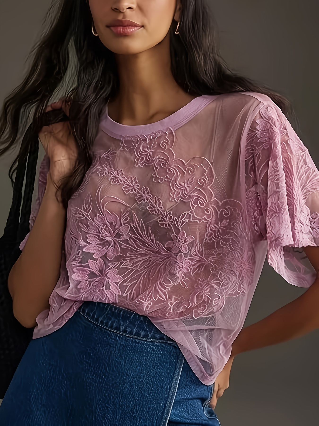 lace mesh top women short sleeve floral embroidered sheer - Temu