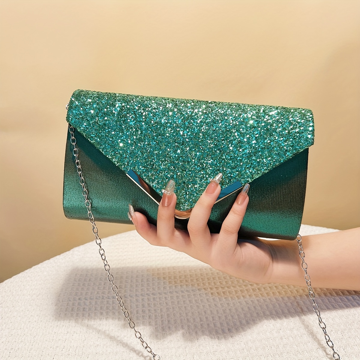 Image of Christmas Day Gift Glitter Luxury Women Clutch Envelope Design Silvery Color Small Evening Bags Metal Mini Party Dinner Event Purse For Ladies Dress Handbags