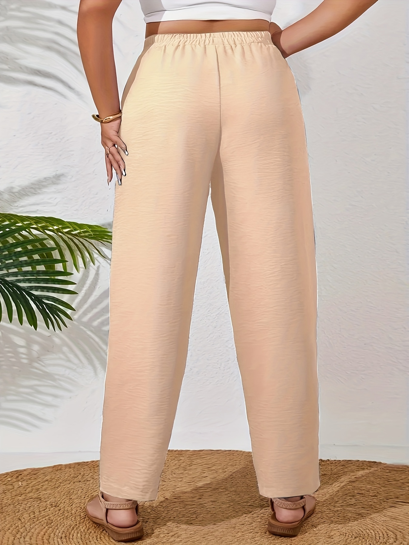 Plus Size - Women'S Plus Size Elegant Solid Color Wide-Leg Pants - Non-Stretch Fabric, All-Season Casual Trousers with Pockets, Brown, Comfortable Footwear, Stylish Accessory, Durable Fabric