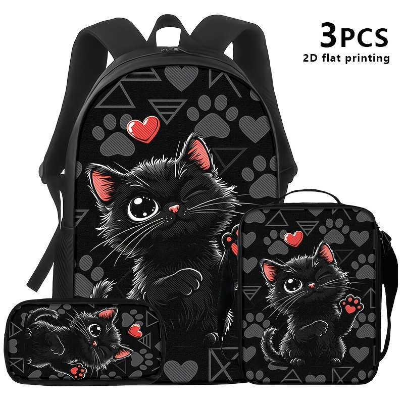 TEMU Sac à dos, sac à bandoulière et pochette noirs, 1 pièce/2 pièces/3 pièces, avec un qui cligne de l'œil, des cœurs rouges, une patte grise des